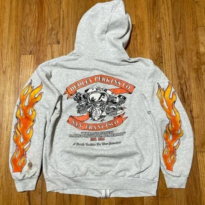 HARLEY DAVIDSON FLAME SLEEVE HOODIE Vintage 90s ZIP DUDLEY PERKINS L - Picture 1 of 11