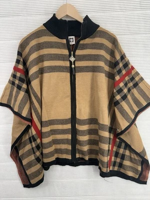 Anne Klein Sweater Poncho Cape Classic Tan Black Red Stripe Zip Up Size L Foto 1 de 4