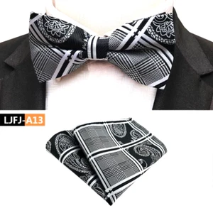 Mens Pre-Tied adjustable Bow Tie Paisley Black White Bowtie Hanky Wedding Party - Picture 1 of 1