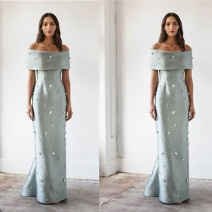 Women's Evening Wedding Blue Dresses Off-shoulder Rhinestone Sheath Satin Custom - Picture 1 of 15