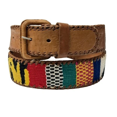 Винтажный 70-х родной американский вышивка TRIBAL кожаный Western хиппи ремень 30 - Изображение 1 из 4