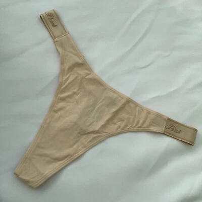 Victoria's Secret PINK Beige Logo Strap Brazilian Thong Panties - Size XL - BNWT - Image 1 of 2