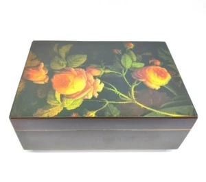 Brown Lacquer Wooden Box  Yellow Painted Roses - Picture 1 of 12