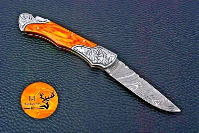 CUSTOM HAND MADE POCKET KNIFE / HAND FORGED DAMASCUS STEEL BLADE  1786 - Image 1 of 4