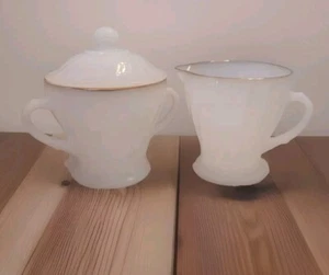 Anchor Hocking 1960s Golden Shell Swirl Sugar Bowl & Creamer Set Gold Trim  - Picture 1 of 15