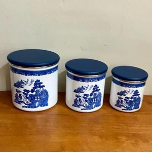 Vintage, Rare, Set of 3 Blue Willow Enamelware Canister 75in , 6.5in and 5.5in T - Picture 1 of 10
