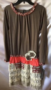 Isobella And Chloe Girls Taupe Ivory and Coral Ruffle Tiered Dress Size 14-New - Picture 1 of 11