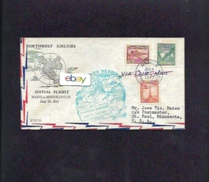 NORTHWEST AIRLINES FIRST FLIGHT COVER MANILA PHILIPPINES-MSP DC-4 7-22-1947 - Picture 1 of 2