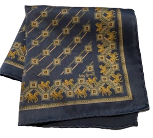 Italo Ferretti Blue Gold Horses Pocket Square Made in Italy 100% Silk 12" x 12" - Picture 1 of 7
