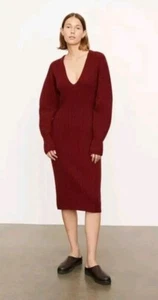 Vince Ribbed Plunge Neck Long Sleeve Wool Blend Midi Dress $445 L In Currant NWT - Picture 1 of 23