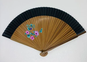 Abanico de mano japonés vintage años 60 madera y tela flores de lirio arte pintado Japón 10 - Imagen 1 de 11