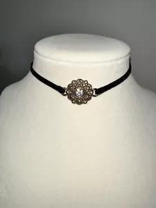 Black Victorian Gothic Velvet Medallion Rhinestone Choker Necklace EUC - Picture 1 of 6