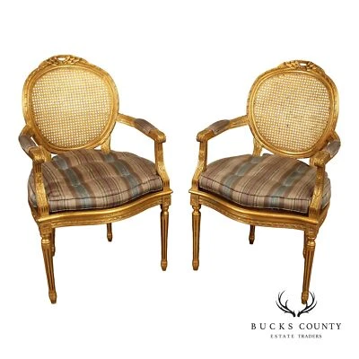 D. Crafts, Inc. 2 of French Louis XVI Style Caned Giltwood Fauteuil Armchairs - Image 1 of 4