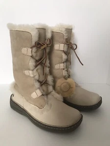 New In Box BORN Women’s Sz 8 Cream Color Leather Suede & Shearling Lace-Up Boots - Picture 1 of 17