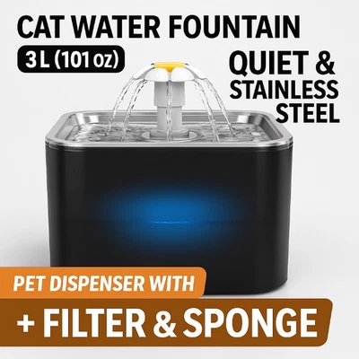 Fuente de Agua para Gatos 3L LED Silenciosa Acero Inoxidable Dispensador para Mascotas con Filtro y Esponja Foto 1 de 4