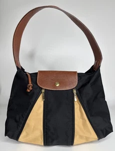 LONGCHAMP Le Pliage Schultertasche erweiterbar Nylon Leder schwarz/hellbraun - Bild 1 von 15