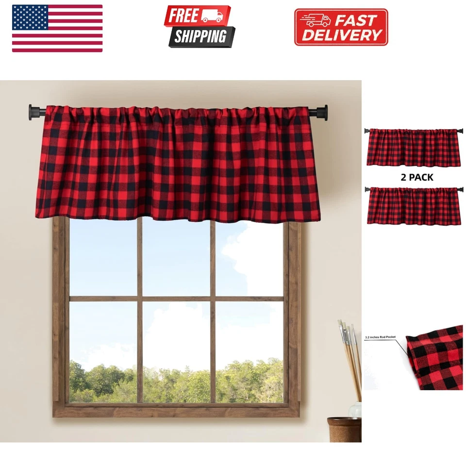 2 Pack Buffalo Check Plaid Cotton Window Valances Red and Black