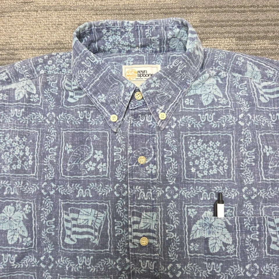 Camisa Hawaiana Reyn Spooner De Colección Talla L Azul Cuadrada Estampado Inverso Botón Desvanecimiento del Sol Foto 1 de 4