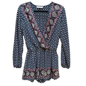 Addie Strampler Boho Chic dunkelblau geometrisches Muster V-Ausschnitt Langarm Freizeit Gr. - Bild 1 von 9