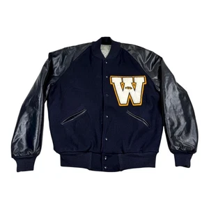 Vintage Howe Varsity Letterman Jacket Mens Large Navy Wool W Patch Naugahlite - Picture 1 of 5