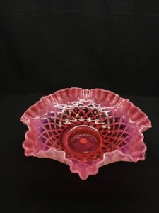 Fenton Cranberry Glass Opalescent Ruffled Edge Bowl Lattice Diamond - Stamped - Picture 1 of 13