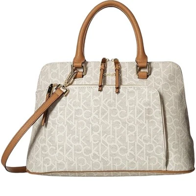 (NUEVO SIN ETIQUETAS) Cartera Cúpula Monograma Calvin Klein Hudson - Caqui Almendra/Anacardo Foto 1 de 4