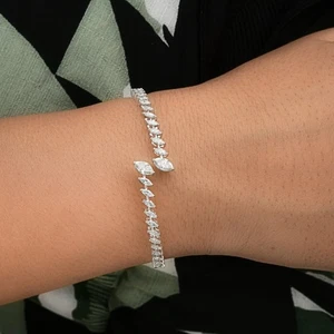 1.67 Ct Lab Grown CVD Marquise Diamond Cuff Bangle Bracelet 18k White Solid Gold - Picture 1 of 11