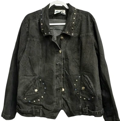 Diane Gillman 3X black denim button down pockets studded long sleeve jacket - Image 1 of 4