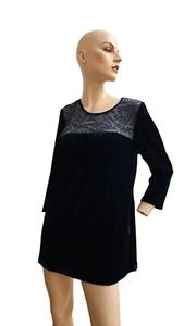 Damen Samt Shirt mit Spitze festlich, Party, Hochzeit, Farbe Dunkelblau Gr. 38 - Bild 1 von 2