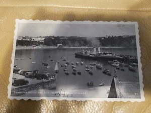 TENBY HARBOUR AND BAY WITH CAMPBELL PADDLE STEAMER ORIGINAL UNUSED B&W POSTCARD - Picture 1 of 2