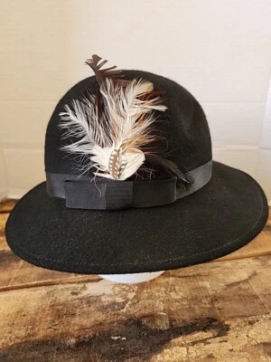 Sombrero Vintage Tally Ho 100% Lana Negro Fedora Con Plumas Hecho en Polonia Foto 1 de 4