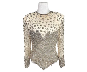 Vintage Jasmine Curtis Silk Sheer Beaded Pearl Blouse Medium - Picture 1 of 23
