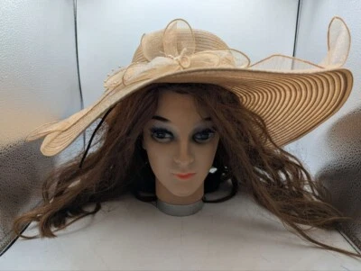 VTG Ellen Tracy Sun Hat Very Wide Brim Tan Bow Tulle Summer Wedding Net ON14 - Image 1 of 4