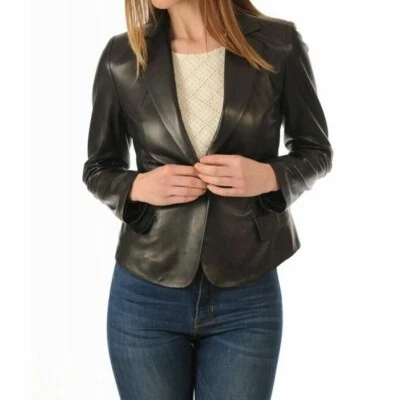 Women's 100% Pure Lambskin Leather Blazer Single Button Black Jacket Formal Coat - Image 1 of 4