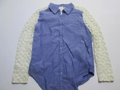 Ella Moss Youth Girls Size 10 Long Sleeve Shirt Blue/Ivory Lace Buttons Front - Image 1 of 4