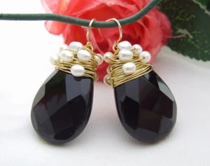 faceted teardrop Onyx White Pearl Gold Plated Hook Earrings dangle free shipping - Picture 1 of 2