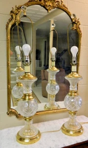 Vintage PAIR of Stunning Mid Century Regency Heavy Cut Crystal Brass Lamps - Picture 1 of 15