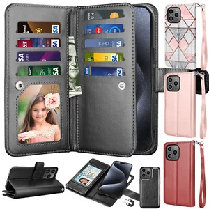 For iPhone 15 14 13 12 11 Pro Max Plus XR SE 7 8 Leather Wallet Case Phone Cover - Picture 1 of 37