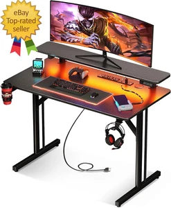 32 Inch Small Gaming Desk with LED Lights & Power Outlets, Computer Desk Gaming - Picture 1 of 12
