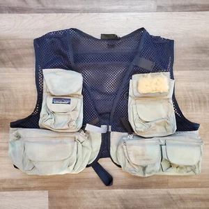 Vintage Patagonia Fly Fishing Vest Men’s Medium Navy Mesh Tan Tackle Utility - Picture 1 of 7