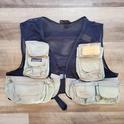 Vintage Patagonia Fly Fishing Vest Men’s Medium Navy Mesh Tan Tackle Utility - Image 1 of 4