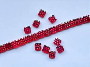 Red Berry Square Czech Glass Beads with Dichroic Spotty Details - Strand of 20