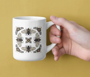 Bees Flowers Botanical Ceramic Coffee Mug Insects Bugs Floral Tea Mugs 4 Bee Art - Bild 1 von 4