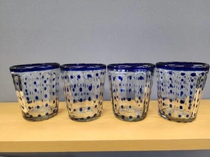 Mundgeblasene LowBall BarWare Becher Trinkgläser 4er Set Kobaltblau Punkte - Bild 1 von 16