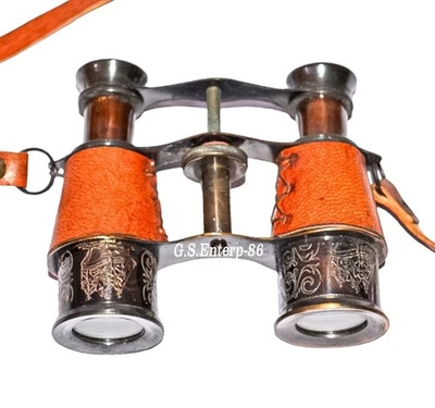 Antique Brass Leather Binocular Vintage Mini Opera Glasses with Leather Strap - Image 1 of 4