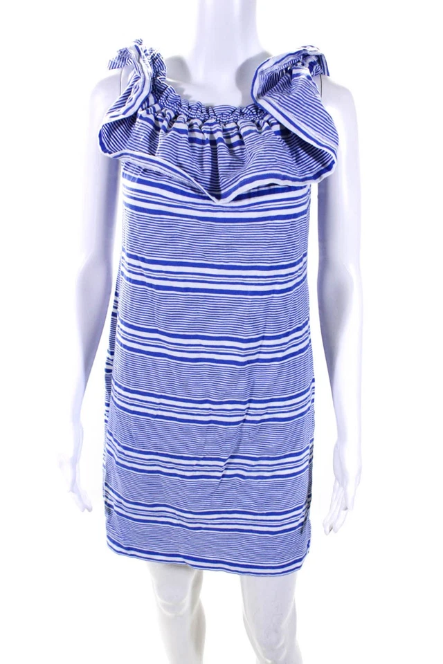 Vineyard Vines Womens Elastic Off Shoulder Ruffle Striped Dress Blue White Small - Image 1 of 4