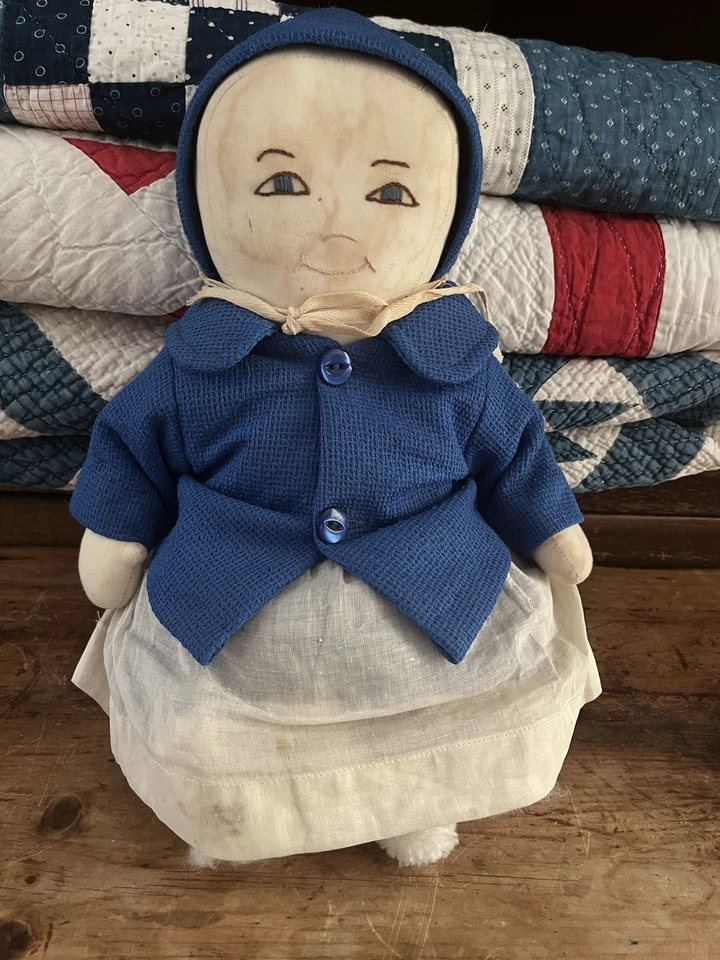 "Muñeca Amish antigua/vintage hecha a mano de 13"" ropa tradicional cara bordada" Foto 1 de 4