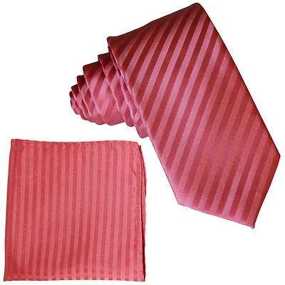 Nuevo Conjunto de Corbata y Pañuelo Para Hombre Poli Tejido 2.5" Slim Tono Sobre Tono Rayas Coral Foto 1 de 3