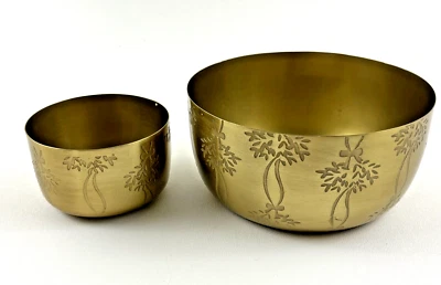 2 Metal Bowls Large & Small Round Gold Tone Etched Bow Tree Design 6" & 3.5" Wd. - Image 1 of 4