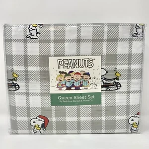 Berkshire Peanuts Weihnachten Queen Size Bettwäsche Set grau weiß kariert - Bild 1 von 3